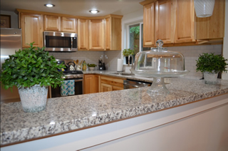 Close-up of light grey granite counter tops.