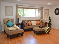 Living room with couch and chair, ottoman and foot rests